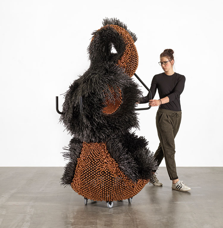 Haegue Yang. Sonic Intermediate – Parameters and Unknowns After Hepworth (part of Sonic Intermediates – Three Differential Equations, 2020). Powder-coated steel frame, powder-coated mesh, powder-coated handles, casters, copper plated bells, metal rings, plastic twine, 216 x 125 x 125 cm. Courtesy of Galerie Barbara Wien, Berlin. Photo: Nick Ash.