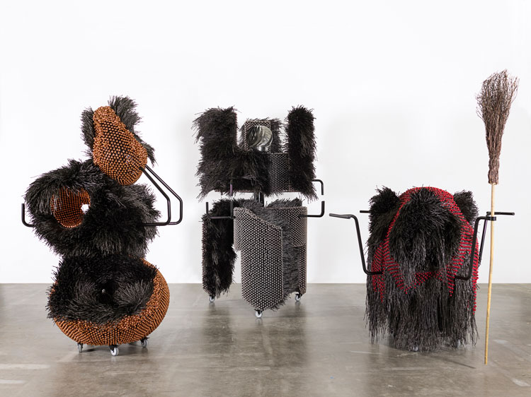 Haegue Yang. Sonic Intermediates – Three Differential Equations, 2020. Powder-coated steel frame, powder-coated mesh, powder-coated handles, casters, copper plated bells, metal rings, plastic twine, 216 x 125 x 125 cm. Courtesy of Galerie Barbara Wien, Berlin. Photo: Nick Ash.