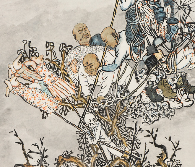 Yun-Fei Ji. The Vendors and the Wind, 2014. Ink and watercolour on Xuan paper, mounted on silk 26 1/8 x 30 3/8 in (66.3 x 77 cm). Collection of the Ruth and Elmer Wellin Museum of Art.