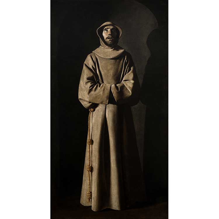 Francisco du Zurbarán, Saint Francis of Assisi, 1636. Oil on canvas, 200 × 110.5 cm. Musée des Beaux-Arts, Lyon © Lyon MBA - Photo Martial Couderette