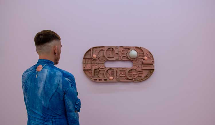 Rafał Zajko, Cathedral II (Nest), 2025. Bodysuit in collaboration with Stefan Kartchev. Installation view, Rafał Zajko: The Spin Off, Focal Point Gallery, Southend-on-Sea, 2025.