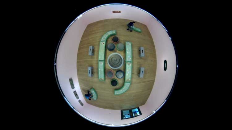 Rafał Zajko: The Spin Off, Installation view through CCTV, Focal Point Gallery, Southend-on-Sea, 2025.