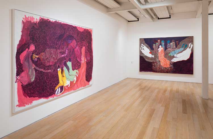 Portia Zvavahera. Left: Pane Rima Rakakomba (1) (There’s Too Much Darkness), 2023. Oil-based printing ink and oil bar on canvas, 222 × 332 cm (87 3/8 × 130 3/4 in).  Norval Foundation. Right: Kudonhedzwa kwevanhu (Fallen people), 2022. Oil-based printing ink and oil bar on canvas, 215 × 299.5 cm (84 5/8 × 117 7/8 in). Private collection. Installation view, Portia Zvavahera: Zvakazarurwa, Fruitmarket, Edinburgh, 2025. Courtesy the artist, Stevenson and David Zwirner. Photo: Ruth Clark.