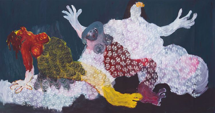 Portia Zvavahera. Embraced and Protected in You, 2016. Oil-based printing ink and oil bar on canvas, 210 × 400 cm (82 5/8 × 157 1/2 in). Private collection.
