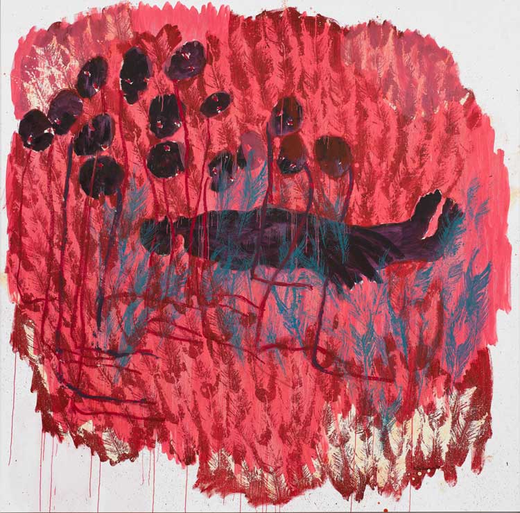 Portia Zvavahera. The Energy Present, 2024. Oil-based printing ink and oil bar on linen, 195.4 × 197.5 cm (76 7/8 × 77 3/4 in). Courtesy the artist, Stevenson and David Zwirner.