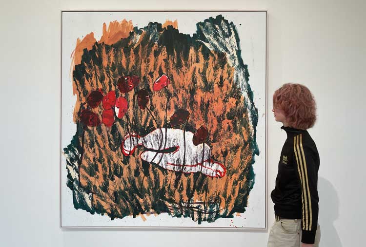 Portia Zvavahera. Ndirikukutsvagai Ndirimugomo, 2024. Oil-based printing ink and oil bar on linen, 213 × 209 cm (83 7/8 × 82 1/4 in). Courtesy the artist, Stevenson and David Zwirner. Installation view, Portia Zvavahera: Zvakazarurwa, Fruitmarket, Edinburgh, 2025. Photo: Veronica Simpson.