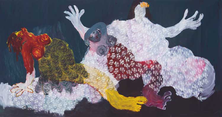 Portia Zvavahera. Embraced and Protected in You, 2016. Oil-based printing ink and oil bar on canvas, 210 x 400 cm. Courtesy Stevenson and David Zwirner. Photo: Mario Todeschini.