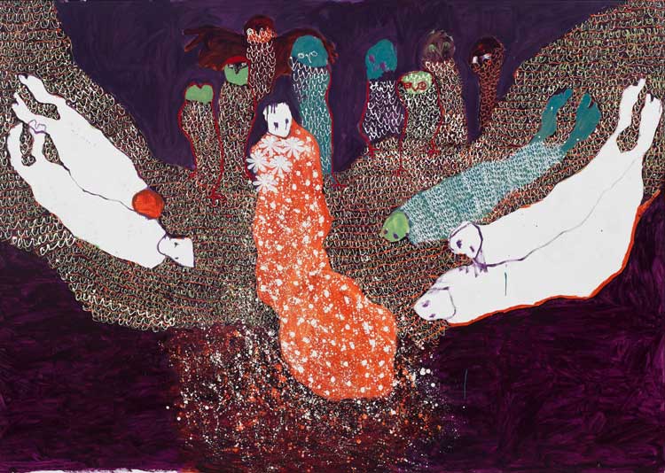 Portia Zvavahera. Kudonhedzwa kwevanhu (Fallen People), 2022. Oil-based printing ink and oil bar on canvas, 212.5 x 299.6 cm. Courtesy Stevenson and David Zwirner. Photo: Mario Todeschini.