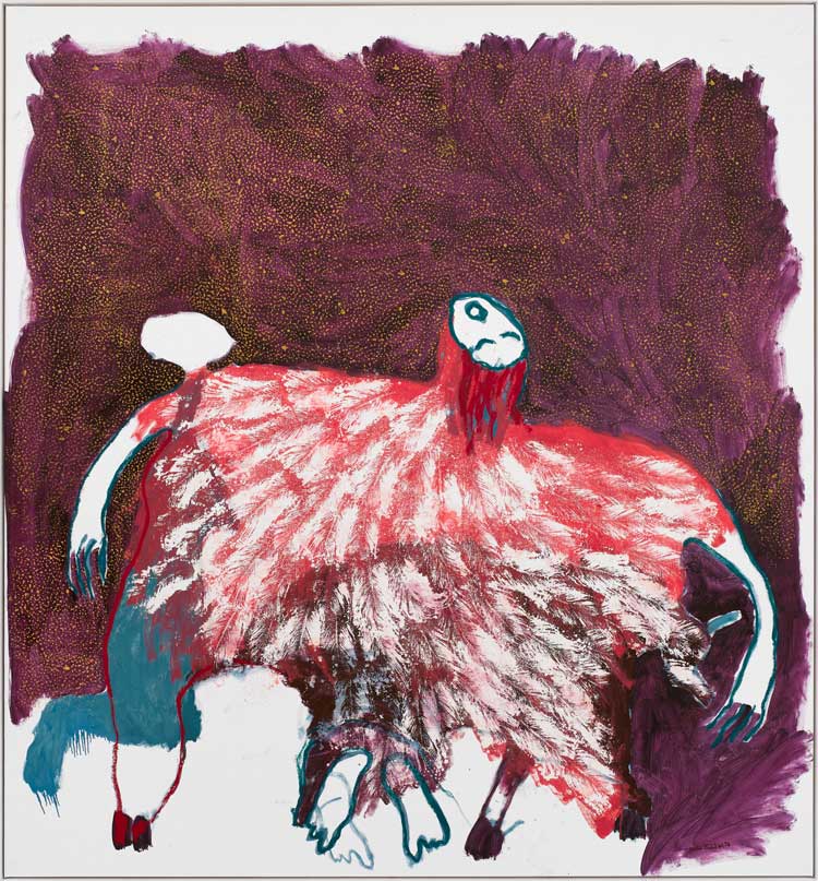 Portia Zvavahera. Fighting Energies 2, 2024. Oil based printing ink and oil bar on linen, 228.4 x 212 cm. Courtesy Stevenson and David Zwirner. Photo: Jack Hems.
