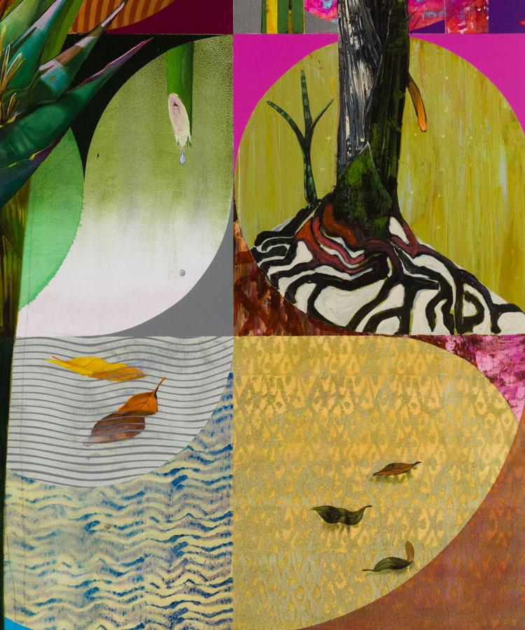 Luiz Zerbini, Árvore do Viajante (detail), 2020. Acrylic on canvas, 200 x 200 cm (78 3/4 x 78 3/4in). Copyright Luiz Zerbini. Courtesy the artist and Stephen Friedman Gallery, London. Photo: Pat Kilgore.