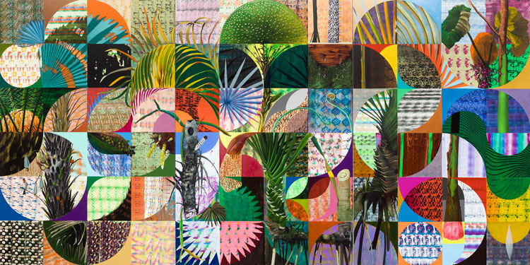 Luiz Zerbini, Happiness Beyond Paradise, 2020. Acrylic on canvas, 300 x 600 cm (118 1/8 x 236 1/4in). Copyright Luiz Zerbini. Courtesy the artist and Stephen Friedman Gallery, London. Photo: Pat Kilgore. Collection of Fondazione Sandretto Re Rebaudengo.