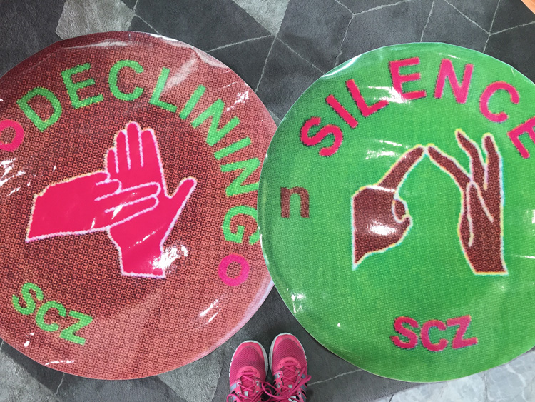 Silvia Ziranek, large vinyl badges from Declining Silence Tate Modern performance, 2009. Photo: SZ.