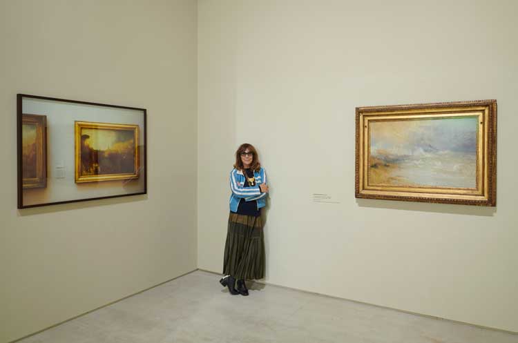 Sophie Calle in front of Turners, 1998–2013 and JMW Turner, Waves Breaking on a Lee Shore at Margate (Study for ‘Rockets and Blue Lights’), c1840.