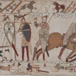 Bayeux Tapestry, scene 57, King Harold being killed by an arrow in the eye. Image by Université de Caen Normandie - CNRS - ENSICAEN, based on the 2017 photographic campaign by La Fabrique de patrimoines en Normandie.