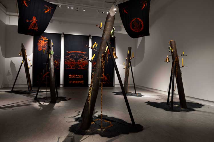 Installation view of Shiraz Bayjoo, Lands of Plenty/ Plains of Plenty (2026) in British Art Show 10: A Chorus of Strangers. Image courtesy the artist and Hayward Gallery Touring. Photo: David Parry.